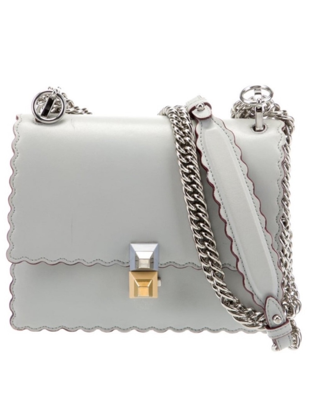 Fendi Kan I Medium Leather Shoulder Bag- Pearl Grey with Scalloped Edges EUC